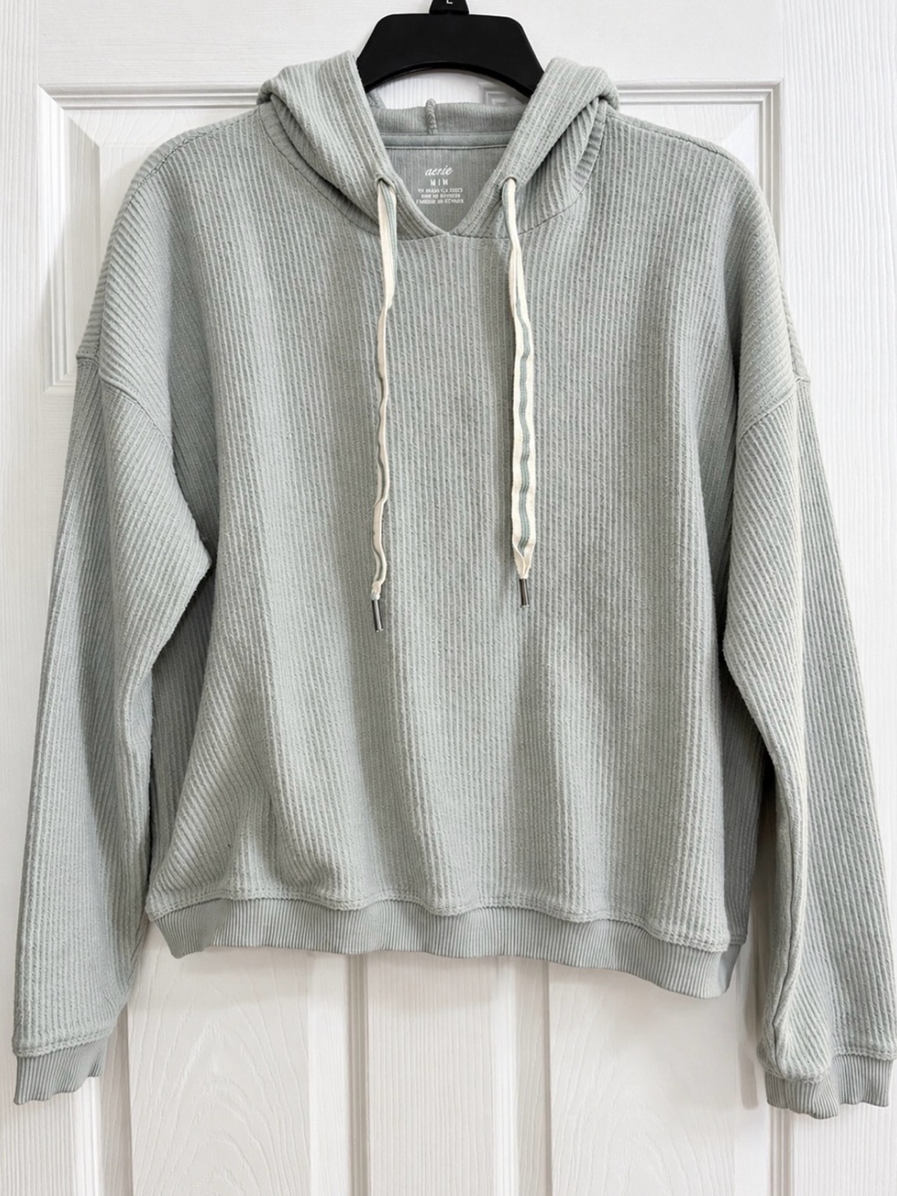 aerie Sage Green Waffle Knit Hooded Pullover